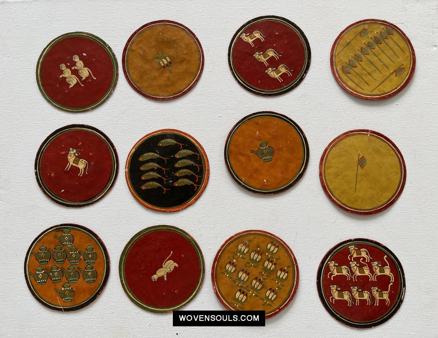 5011 SOLD Group of 12 old Lacquered Ganjifa Playing Cards Sawantwadi-WOVENSOULS Antique Textiles &amp; Art Gallery