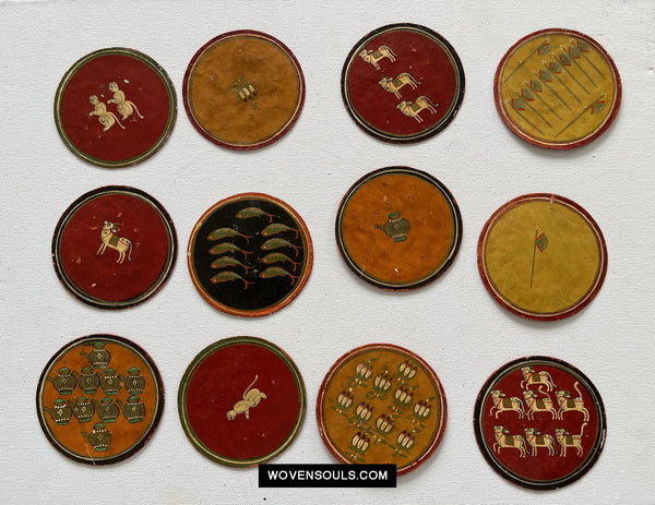 5011 SOLD Group of 12 old Lacquered Ganjifa Playing Cards Sawantwadi-WOVENSOULS Antique Textiles & Art Gallery