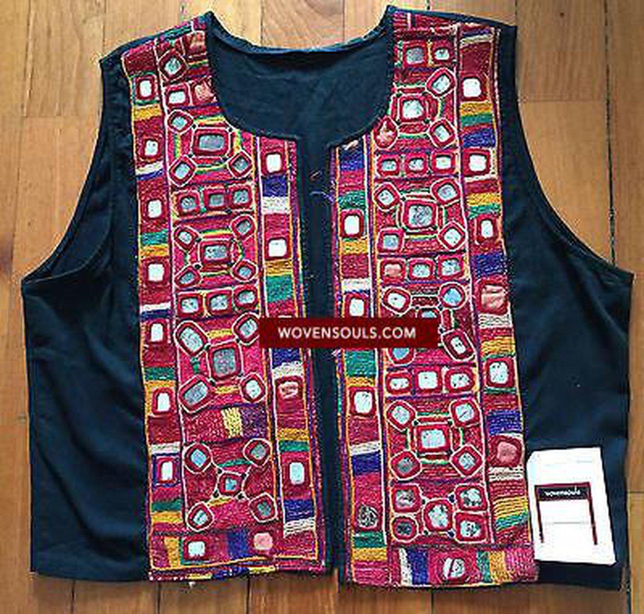 5174 SOLD Vintage Banjara Embrodiery Patch Jacket Vest with mirrors-WOVENSOULS-Antique-Vintage-Textiles-Art-Decor