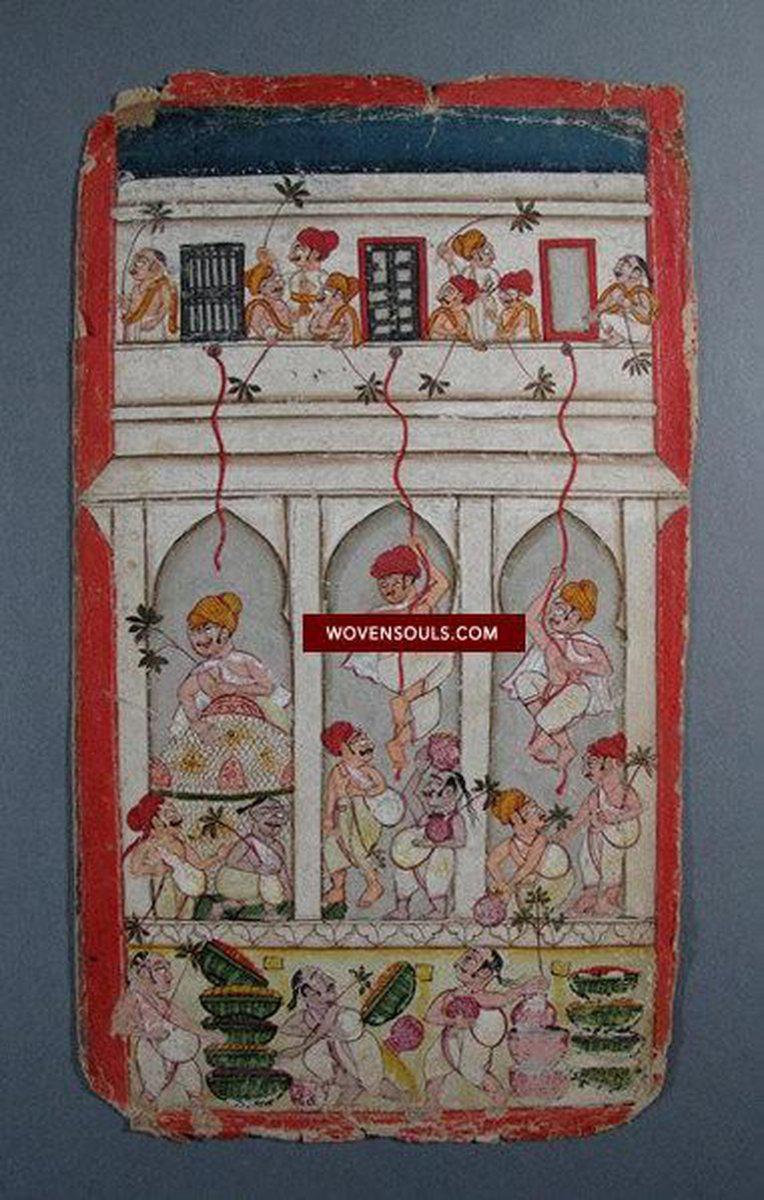 553 Pair of Old Bundi Painting - Holi & Janmashtami-WOVENSOULS-Antique-Vintage-Textiles-Art-Decor