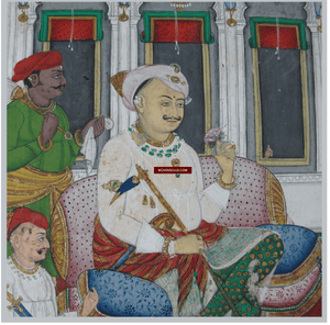 555 Old Indian Miniature Painting - Maharaja in court - Lucknow-WOVENSOULS-Antique-Vintage-Textiles-Art-Decor