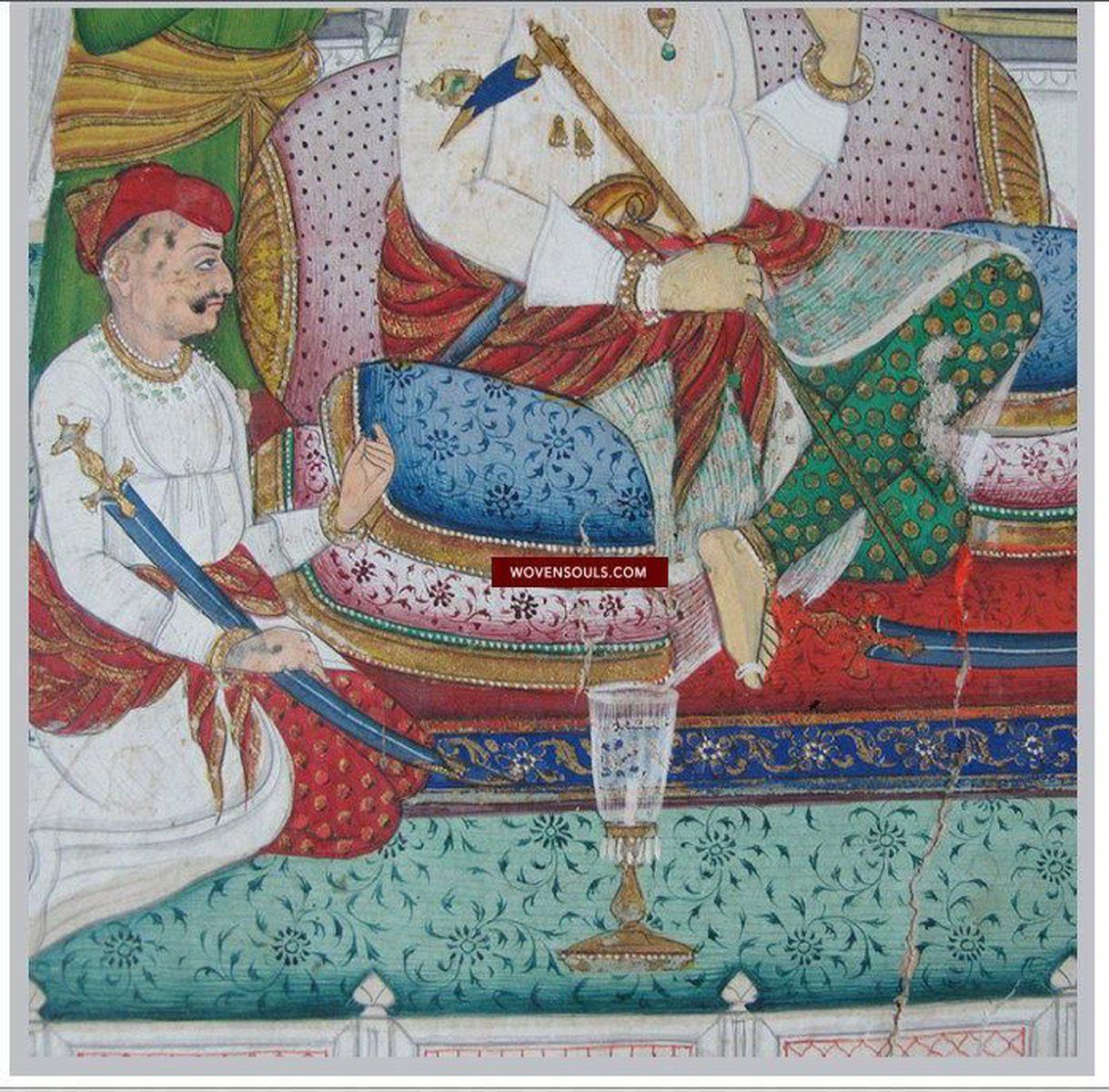 555 Old Indian Miniature Painting - Maharaja in court - Lucknow-WOVENSOULS-Antique-Vintage-Textiles-Art-Decor