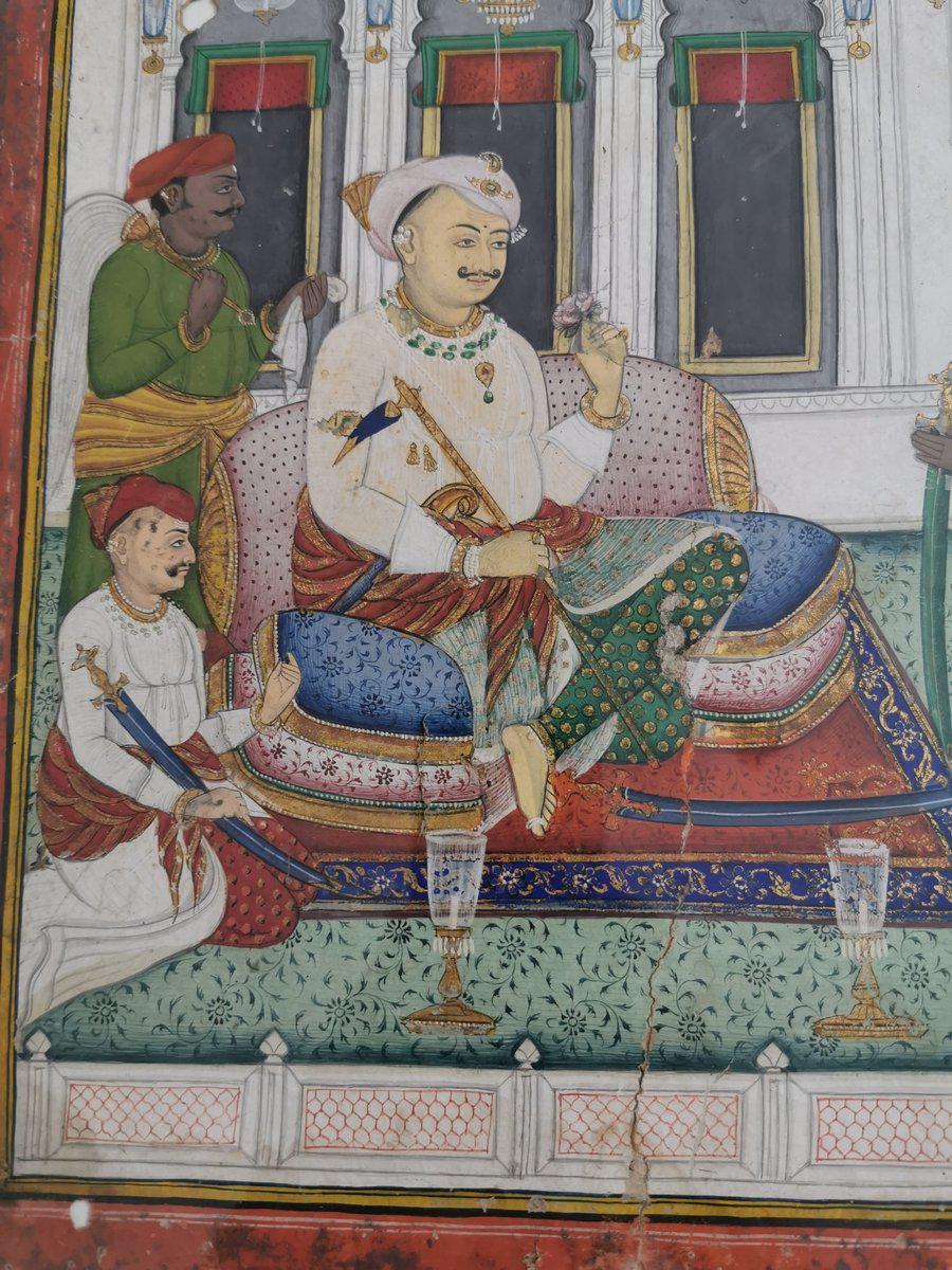 555 Old Indian Miniature Painting - Maharaja in court - Lucknow-WOVENSOULS-Antique-Vintage-Textiles-Art-Decor