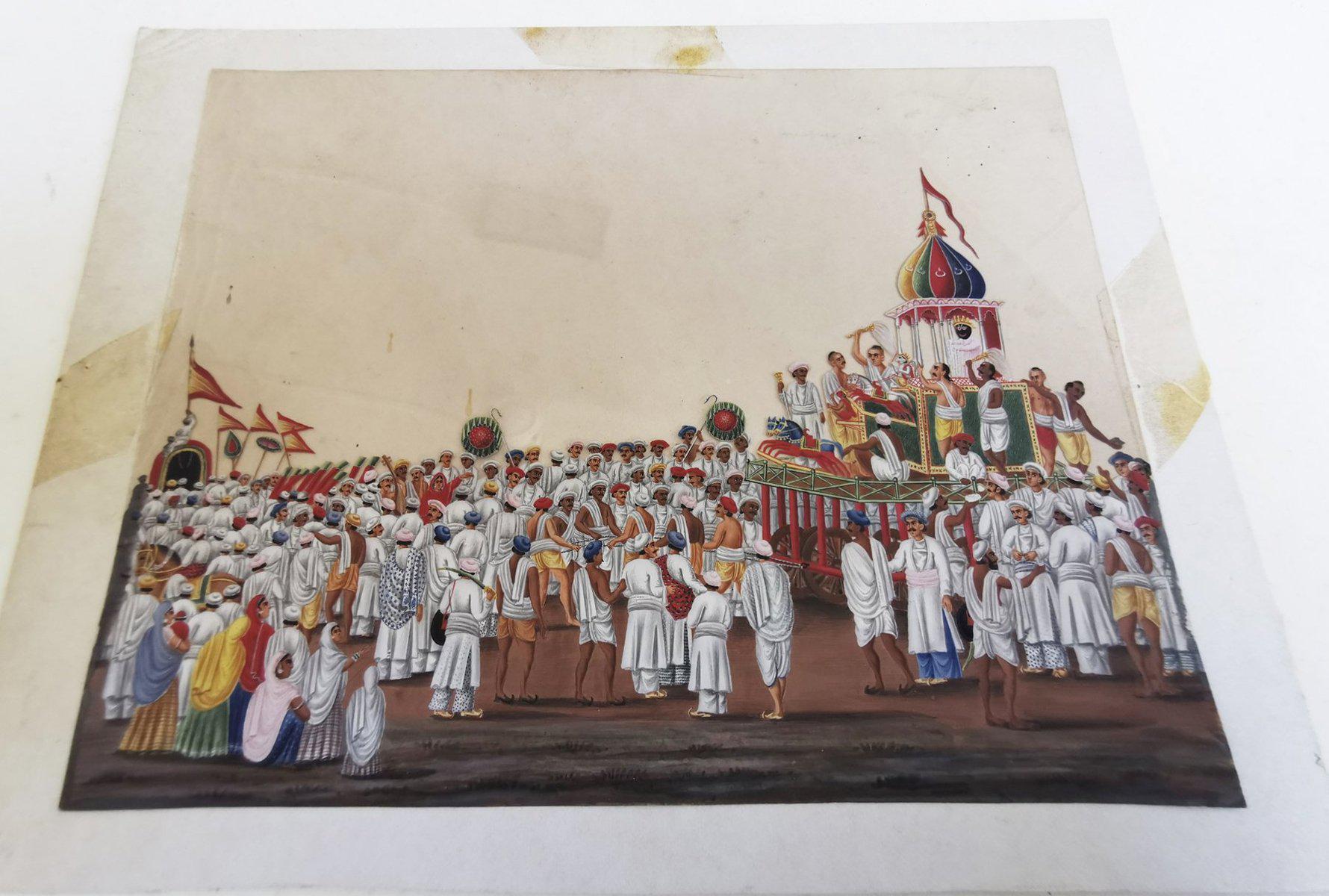 564 Old Indian Company School Mica Painting - Jaganntah Yatra Procession - Rituals & Festivals series - 3-WOVENSOULS-Antique-Vintage-Textiles-Art-Decor