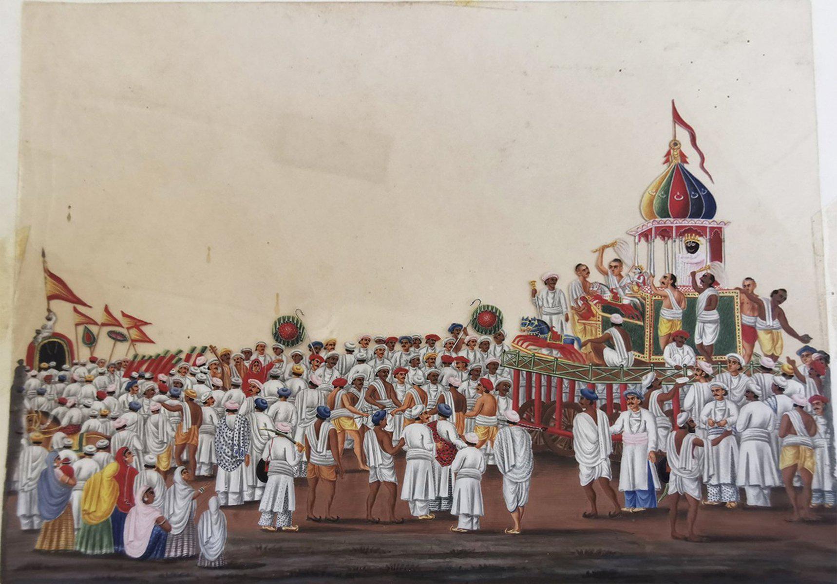 564 Old Indian Company School Mica Painting - Jaganntah Yatra Procession - Rituals & Festivals series - 3-WOVENSOULS-Antique-Vintage-Textiles-Art-Decor