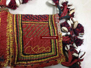 697 OLD BANJARA SPICE STORAGE TEXTILE BAG WITH COWRIES - RARE UNUSUAL FORM-WOVENSOULS-Antique-Vintage-Textiles-Art-Decor