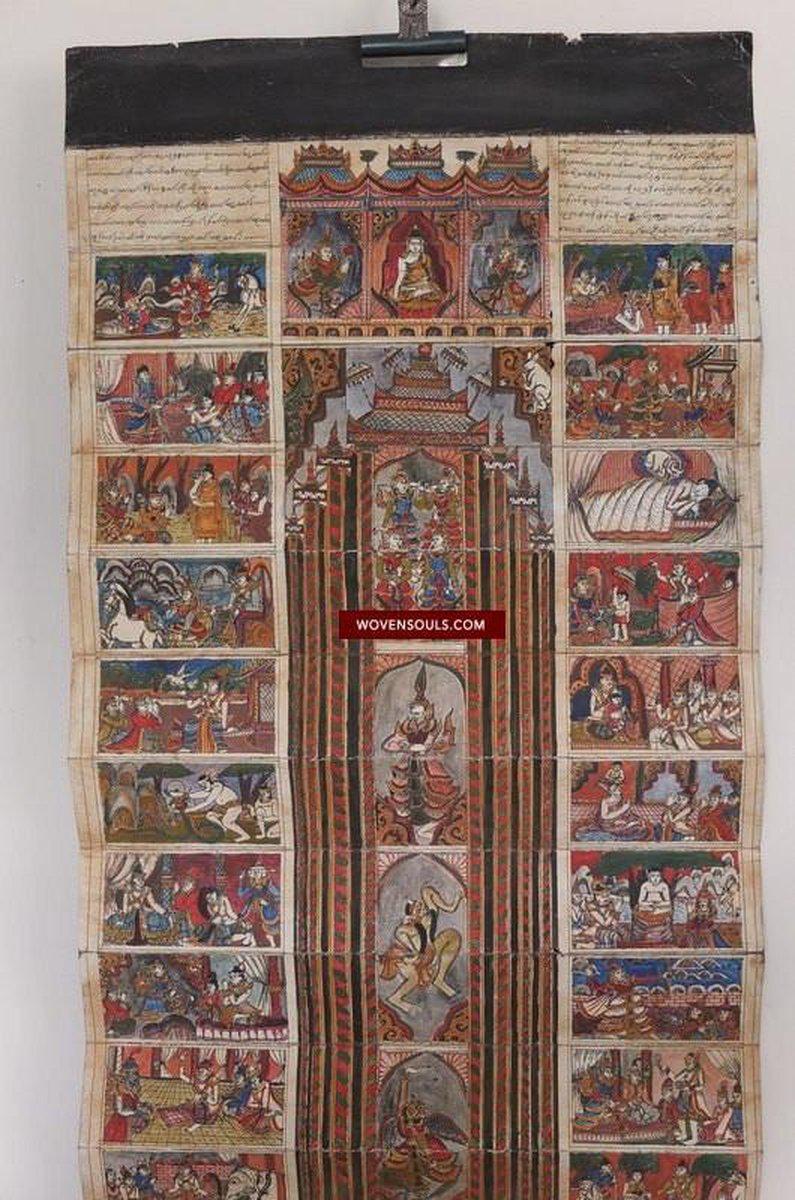 789 Antique Myanmar Painting - Scroll with Parables-WOVENSOULS-Antique-Vintage-Textiles-Art-Decor