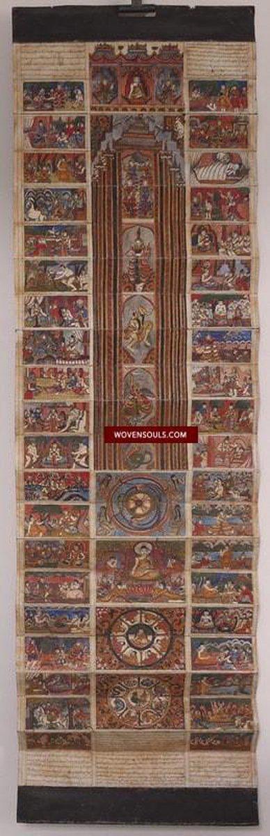 789 Antique Myanmar Painting - Scroll with Parables-WOVENSOULS-Antique-Vintage-Textiles-Art-Decor