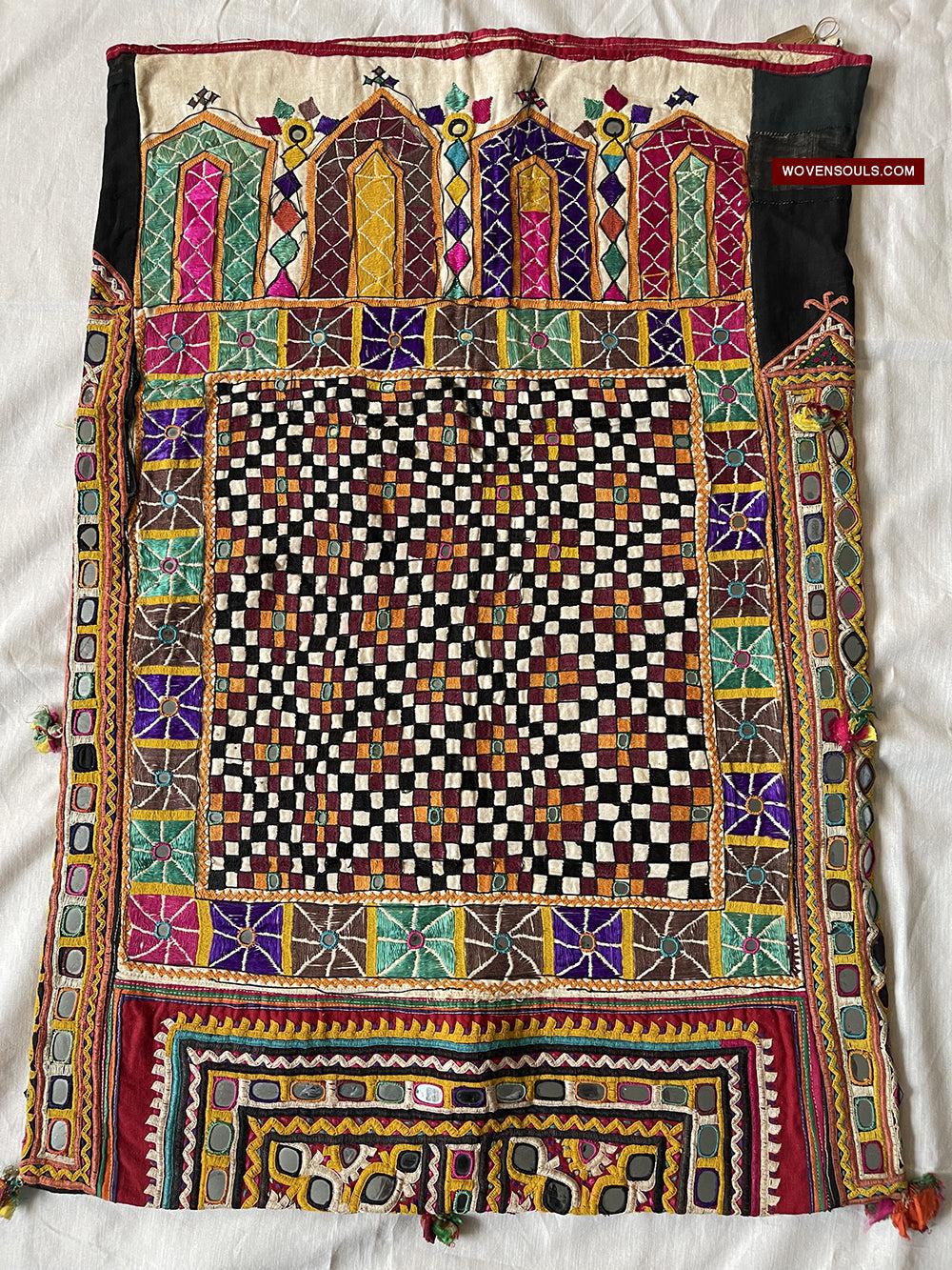 944 Dowry Bag with Checkerboard field and Mirror Embroidery-WOVENSOULS Antique Textiles &amp; Art Gallery