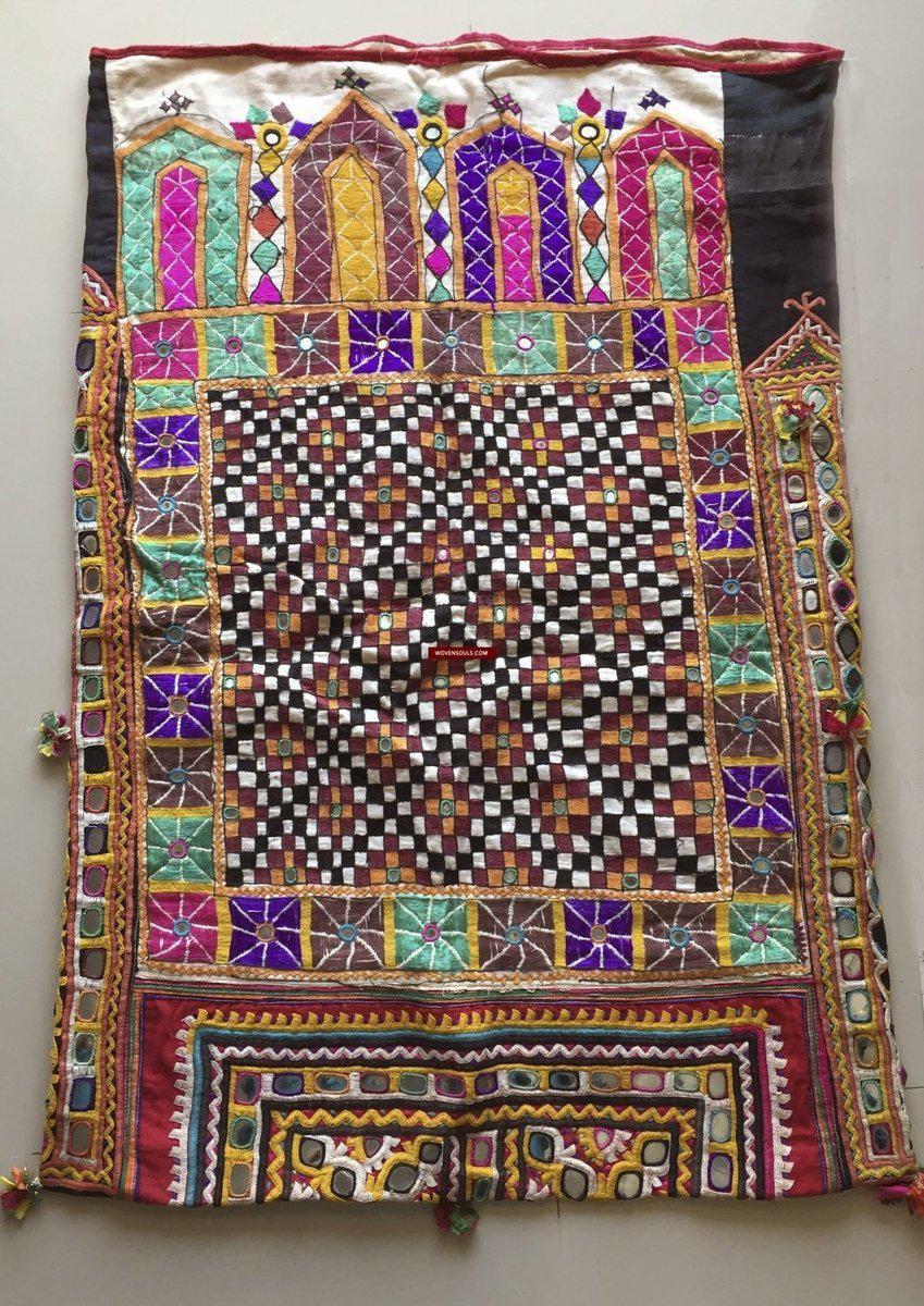 944 Dowry Bag with Checkerboard field and Mirror Embroidery-WOVENSOULS Antique Textiles &amp; Art Gallery