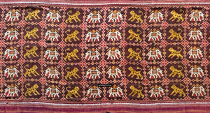 1985 Antique Heirloom Patan Patola Double Ikat Sari Fragment Elephant Tiger motif