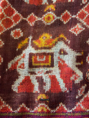 1985 Antique Heirloom Patan Patola Double Ikat Sari Fragment Elephant Tiger motif