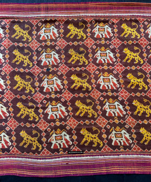 1985 Antique Heirloom Patan Patola Double Ikat Sari Fragment Elephant Tiger motif