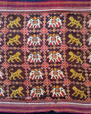 1985 Antique Heirloom Patan Patola Double Ikat Sari Fragment Elephant Tiger motif