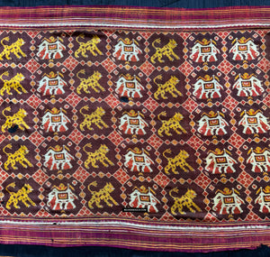 1985 Antique Heirloom Patan Patola Double Ikat Sari Fragment Elephant Tiger motif