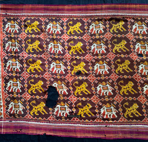 1985 Antique Heirloom Patan Patola Double Ikat Sari Fragment Elephant Tiger motif