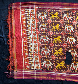 1985 Antique Heirloom Patan Patola Double Ikat Sari Fragment Elephant Tiger motif