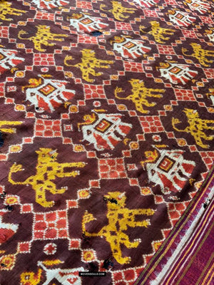 1985 Antique Heirloom Patan Patola Double Ikat Sari Fragment Elephant Tiger motif