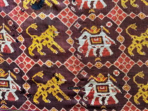 1985 Antique Heirloom Patan Patola Double Ikat Sari Fragment Elephant Tiger motif