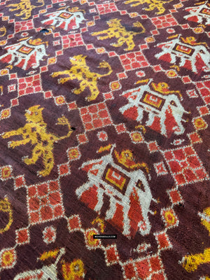 1985 Antique Heirloom Patan Patola Double Ikat Sari Fragment Elephant Tiger motif