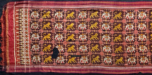 1985 Antique Heirloom Patan Patola Double Ikat Sari Fragment Elephant Tiger motif