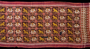 1985 Antique Heirloom Patan Patola Double Ikat Sari Fragment Elephant Tiger motif