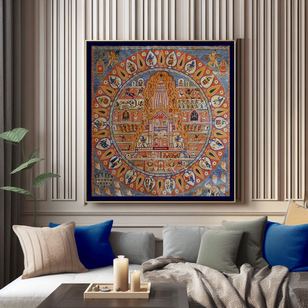 1408 Large Puri Patta Jagannath Juggernaut Painting w Blue - Indian Art-WOVENSOULS-Antique-Vintage-Textiles-Art-Decor