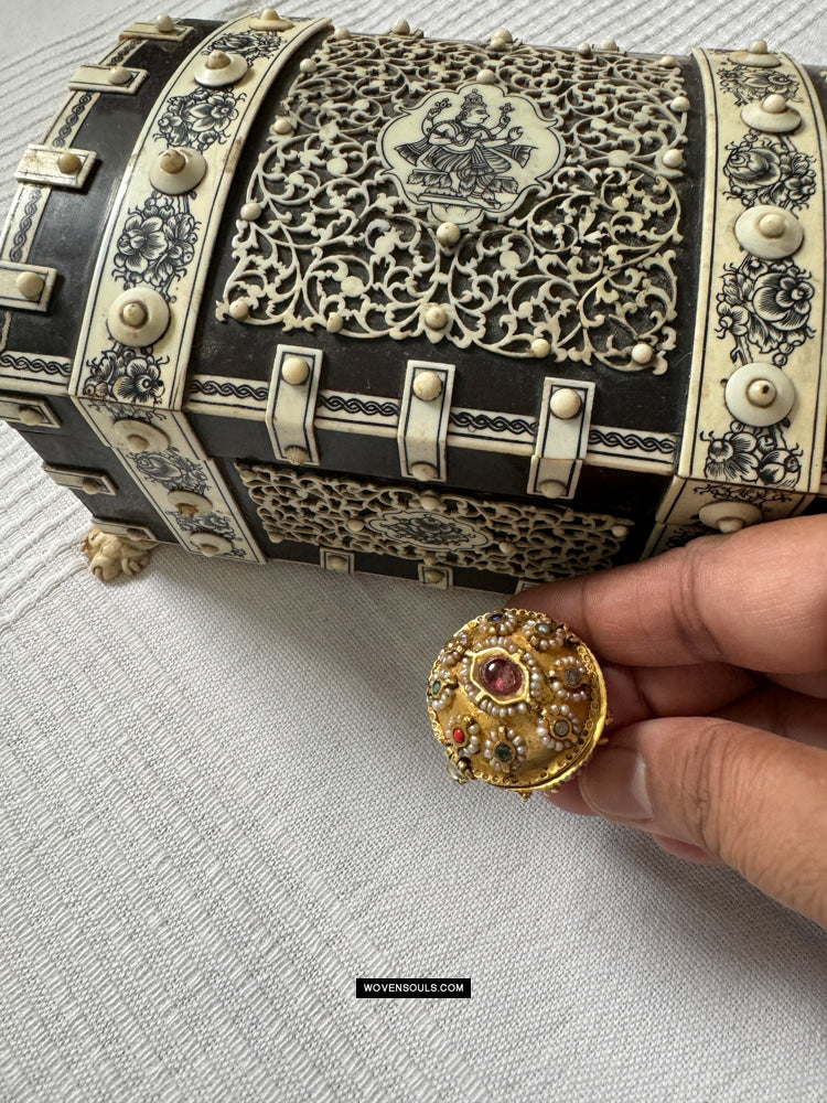 538 Old Gold Navaratna Ring with Compartment-WOVENSOULS-Antique-Vintage-Textiles-Art-Decor