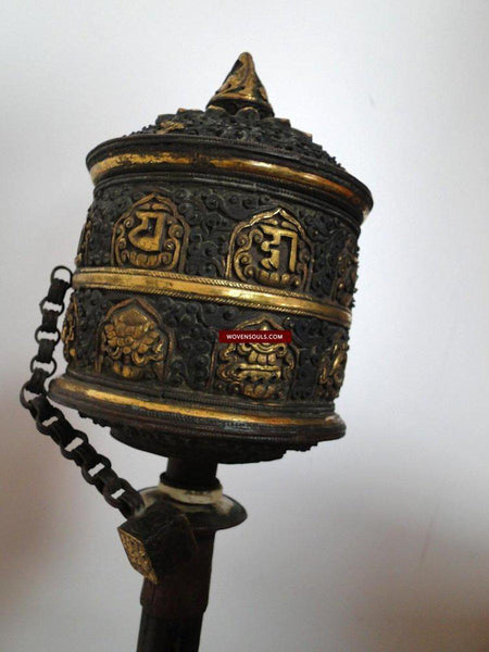 SOLD Antique Tibet Prayer Wheel with Gold Accents-WOVENSOULS-Antique-Vintage-Textiles-Art-Decor