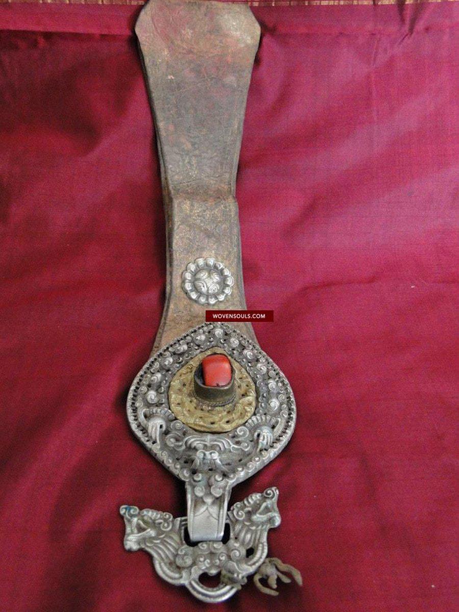 SOLD Antique Tibet Silver Ornament on Leather Belt Hanger-WOVENSOULS-Antique-Vintage-Textiles-Art-Decor
