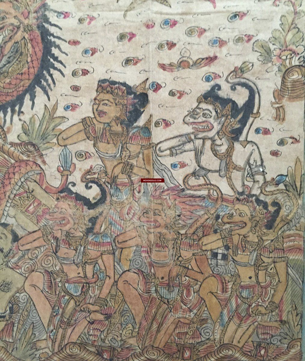 1018 Antique Kamasan Balinese Folk Painting of Ramayan - Intriguing Scene-WOVENSOULS-Antique-Vintage-Textiles-Art-Decor