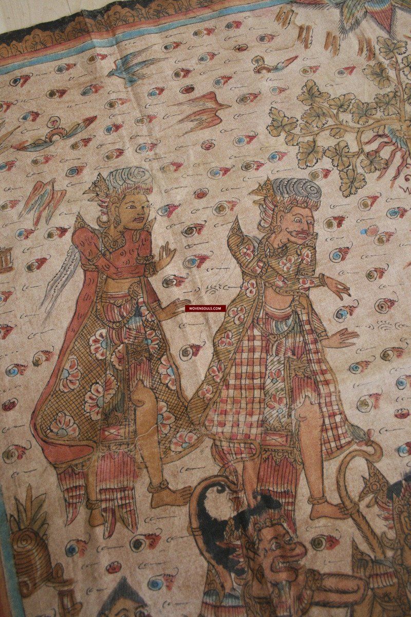 1018 Antique Kamasan Balinese Folk Painting of Ramayan - Intriguing Scene-WOVENSOULS-Antique-Vintage-Textiles-Art-Decor