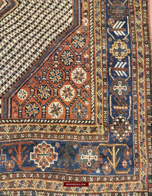 103 SOLD Qashqai Nieriz Rug - Star Lattice & Fishbone White Field with Animals - Gallery 2-WOVENSOULS-Antique-Vintage-Textiles-Art-Decor