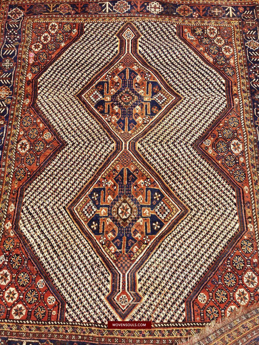 103 SOLD Qashqai Nieriz Rug - Star Lattice & Fishbone White Field with Animals - Gallery 2-WOVENSOULS-Antique-Vintage-Textiles-Art-Decor