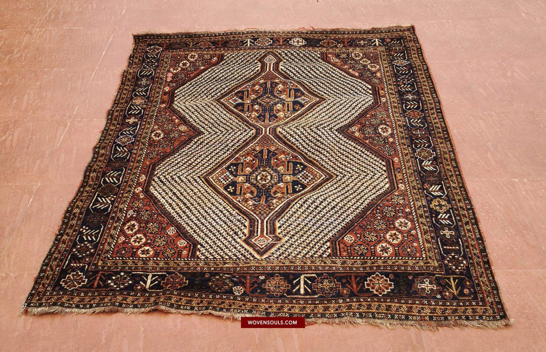 103 SOLD Qashqai Nieriz Rug - Star Lattice & Fishbone White Field with Animals - Gallery 2-WOVENSOULS-Antique-Vintage-Textiles-Art-Decor