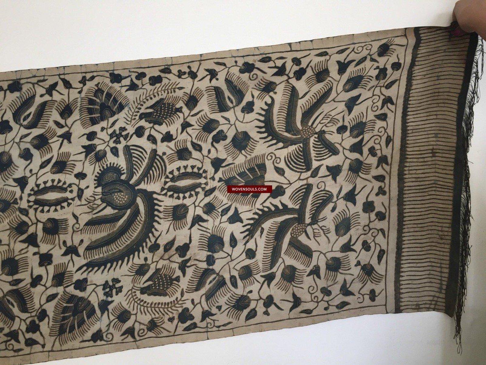 1033 Antique Java Batik Art on Silk Shawl Stole-WOVENSOULS-Antique-Vintage-Textiles-Art-Decor