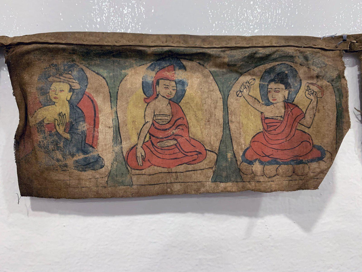 1052 Rare Antique Tibetan Buddhist Hand Painted Prayer Flag Thangka Banner  - SOLD - WOVENSOULS Antique Textiles & Art Gallery