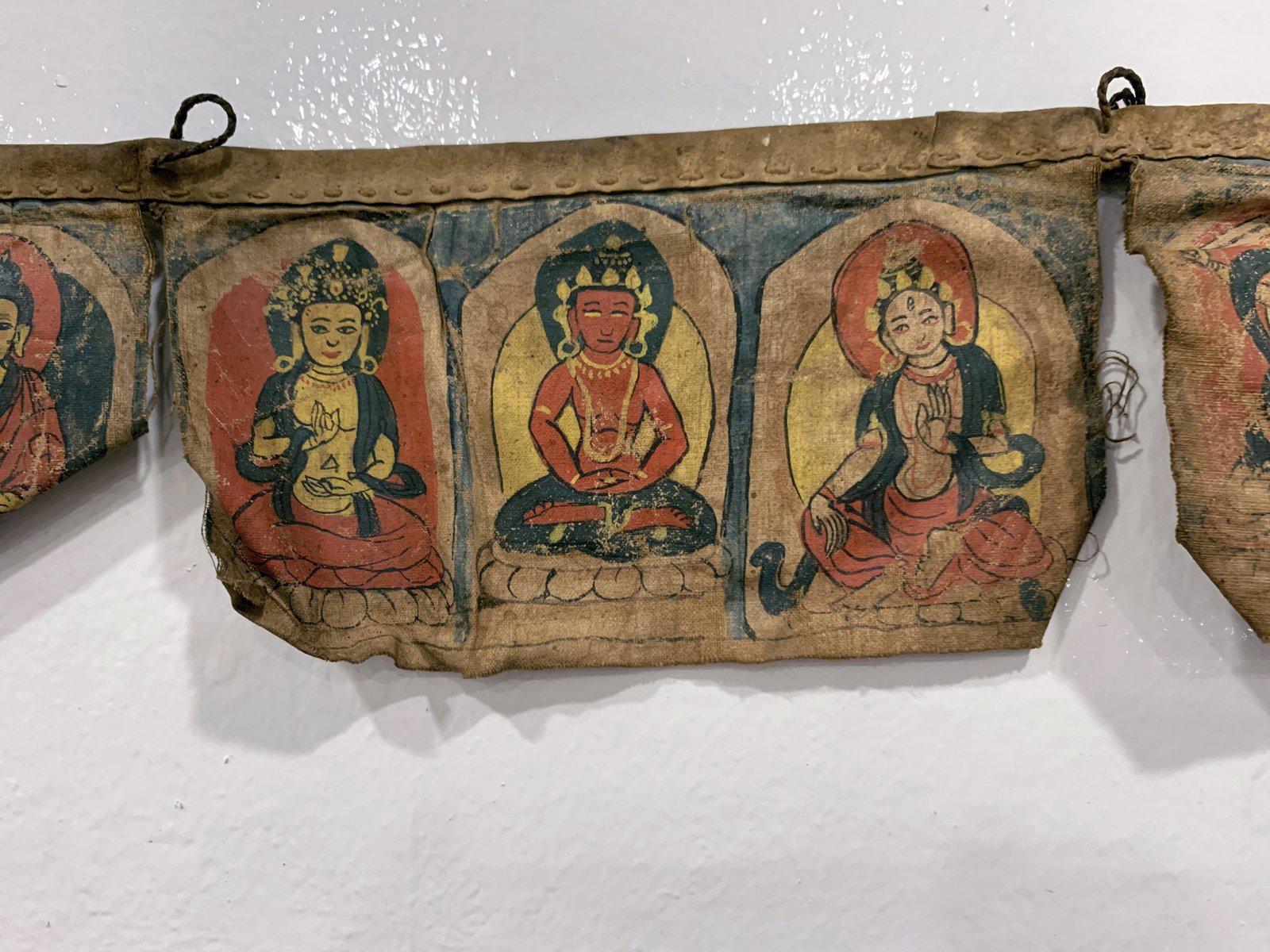 1052 Rare Antique Tibetan Buddhist Hand Painted Prayer Flag Thangka Banner - SOLD-WOVENSOULS-Antique-Vintage-Textiles-Art-Decor