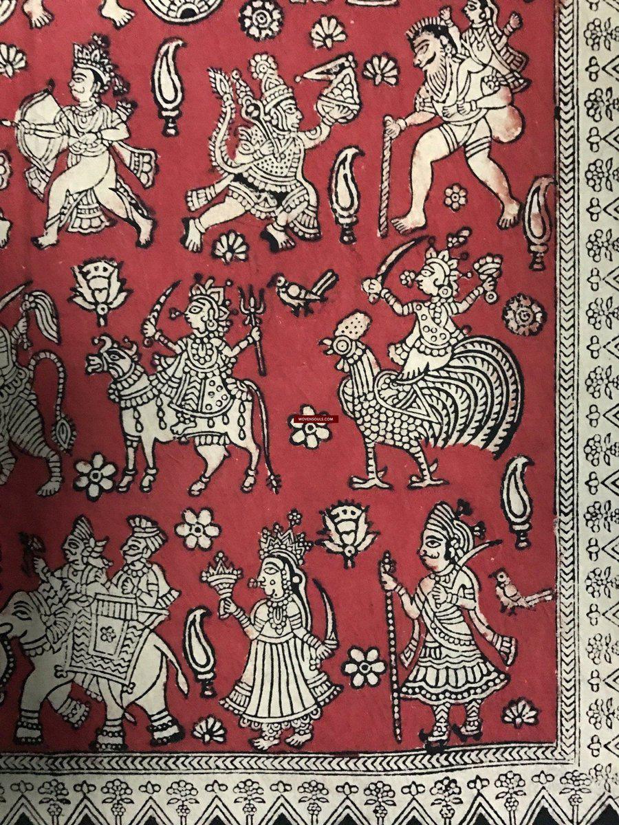 1055 Red Mata Ni Pachedi Kalamkari Painting-WOVENSOULS-Antique-Vintage-Textiles-Art-Decor