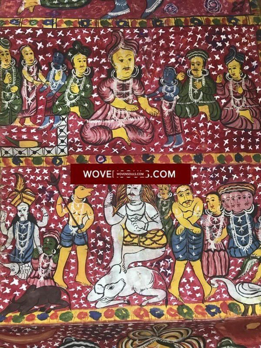 1076 Rare Old Cheriyal Painting Scroll - Krishna Leela - Indian Art-WOVENSOULS-Antique-Vintage-Textiles-Art-Decor