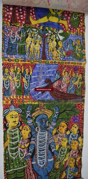 1076 Rare Old Cheriyal Painting Scroll - Krishna Leela - Indian Art-WOVENSOULS-Antique-Vintage-Textiles-Art-Decor