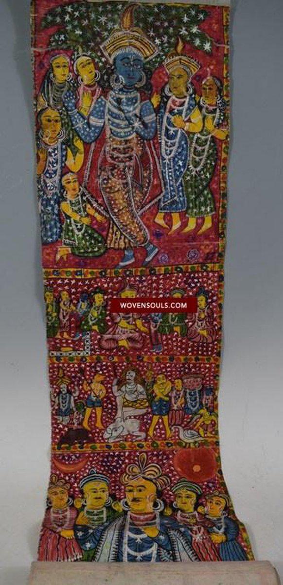 1076 Rare Old Cheriyal Painting Scroll - Krishna Leela - Indian Art-WOVENSOULS-Antique-Vintage-Textiles-Art-Decor