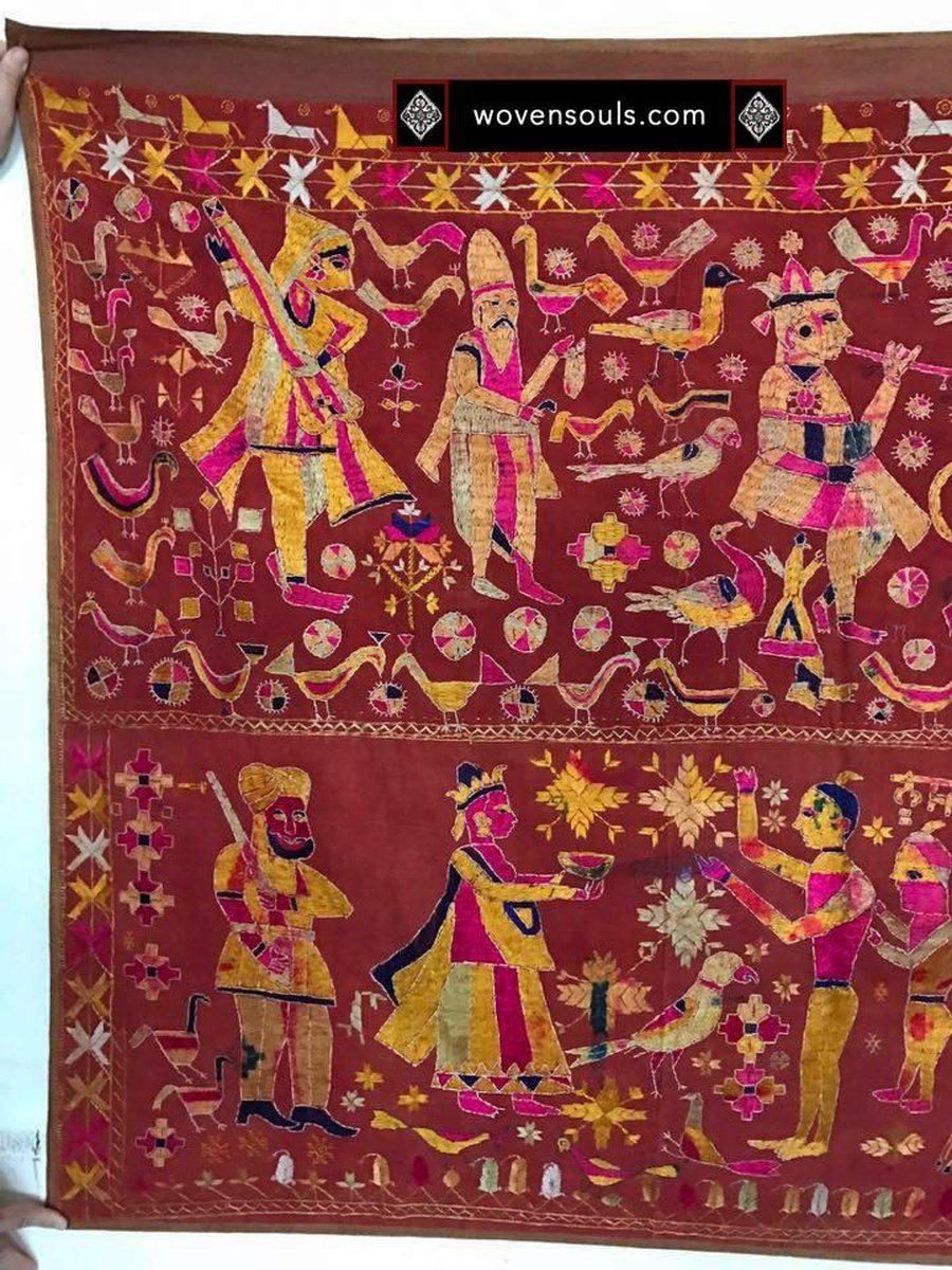 1077 Old Figurative Phulkari Temple Hanging Punjab with Inscription in Gurmukhi-WOVENSOULS-Antique-Vintage-Textiles-Art-Decor