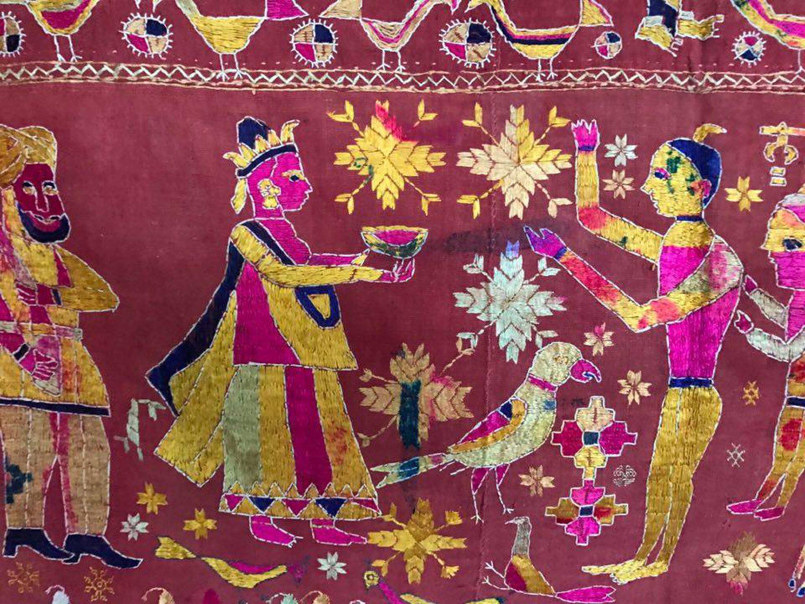 1077 Old Figurative Phulkari Temple Hanging Punjab with Inscription in Gurmukhi-WOVENSOULS-Antique-Vintage-Textiles-Art-Decor