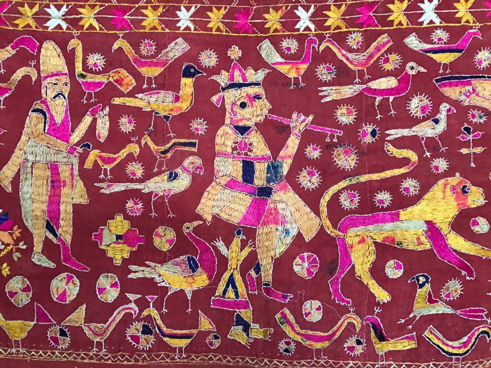 1077 Old Figurative Phulkari Temple Hanging Punjab with Inscription in Gurmukhi-WOVENSOULS-Antique-Vintage-Textiles-Art-Decor