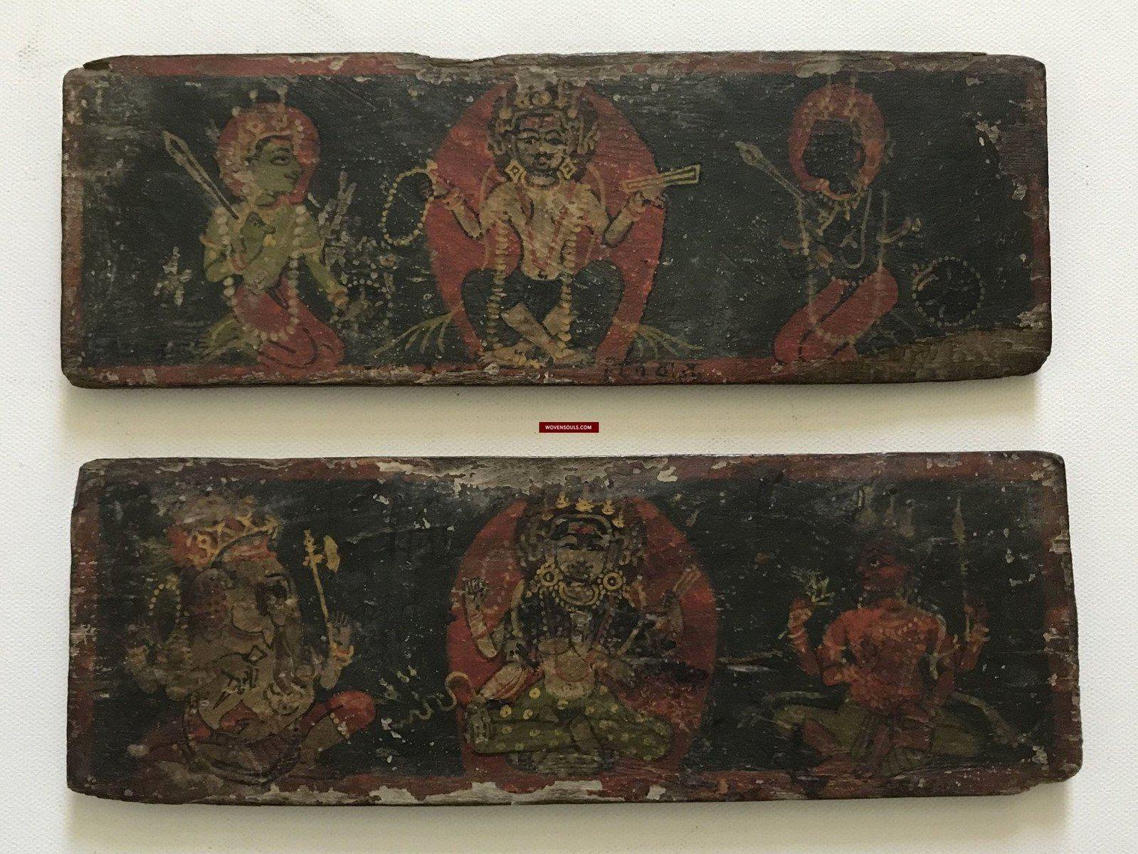 1138 Pair of Antique Painted Wood Covers for Hindu Manuscript with Deities & Gods-WOVENSOULS-Antique-Vintage-Textiles-Art-Decor