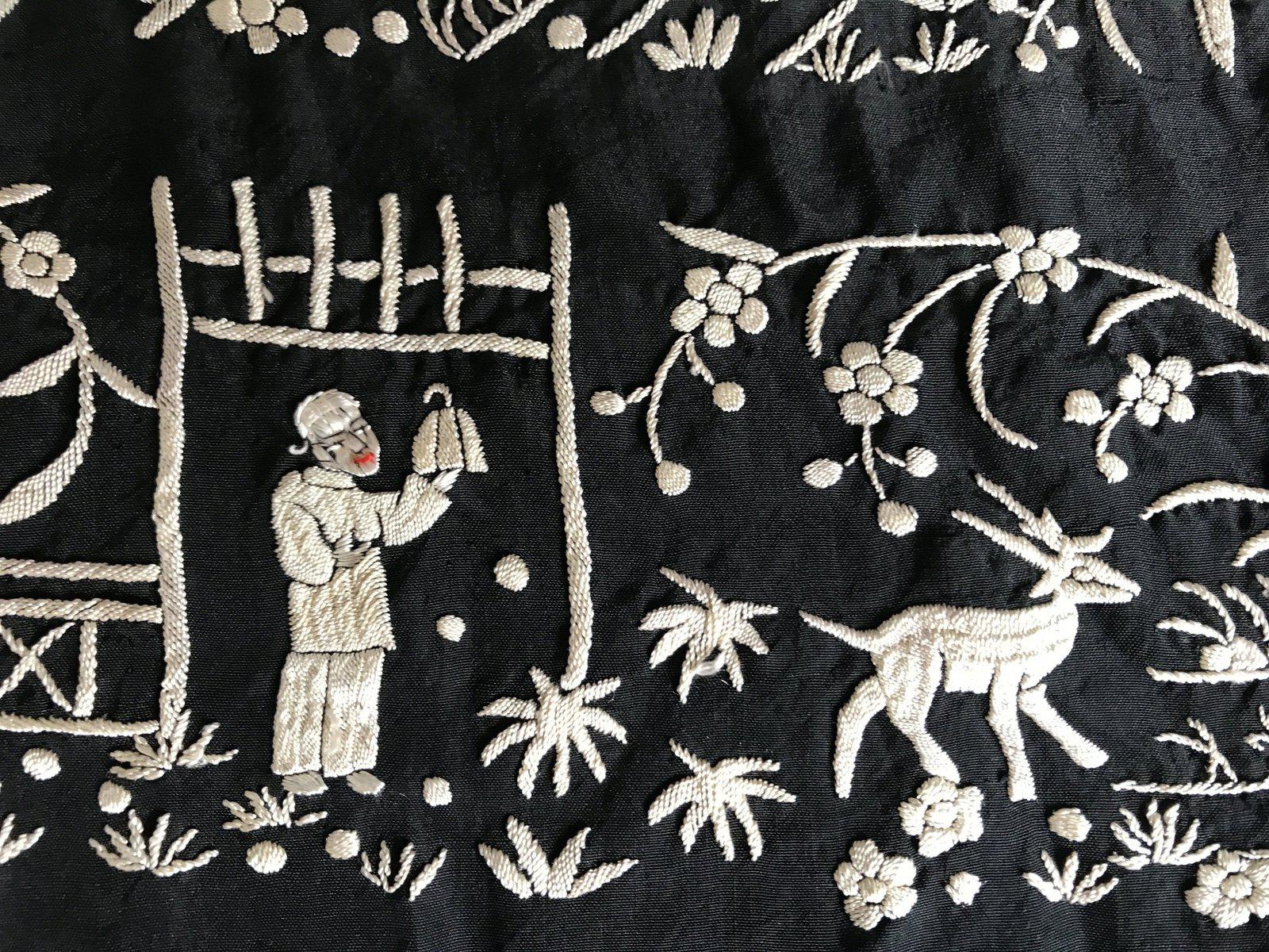 1141 Antique Double Sided Embroidery Manila Manton - Cantonese Embroidery with Lifestyle Scenes-WOVENSOULS-Antique-Vintage-Textiles-Art-Decor