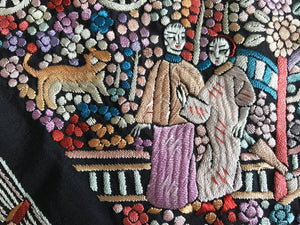 1143 Antique Double Sided Embroidery Manila Manton - Cantonese Embroidery Shawl - No Fringe-WOVENSOULS-Antique-Vintage-Textiles-Art-Decor