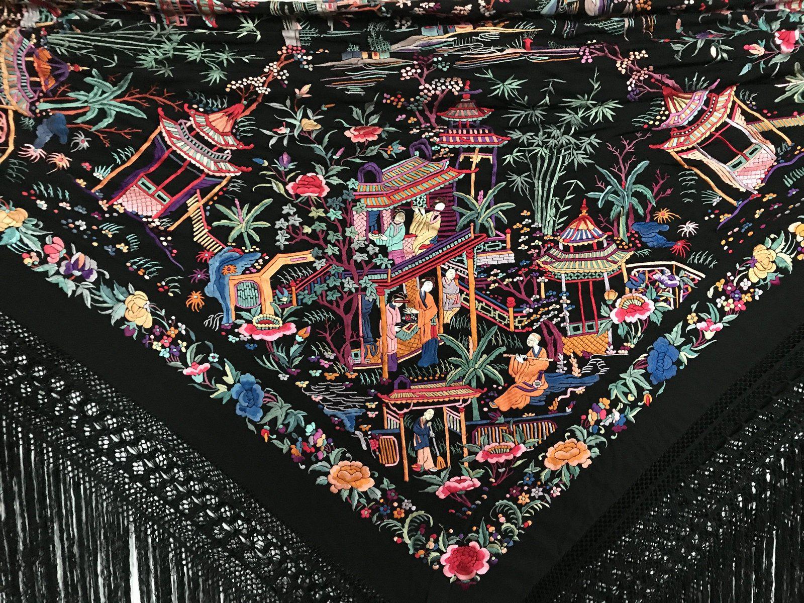 1145 Antique Double Sided Embroidery Manila Manton - Cantonese Embroidery-WOVENSOULS-Antique-Vintage-Textiles-Art-Decor