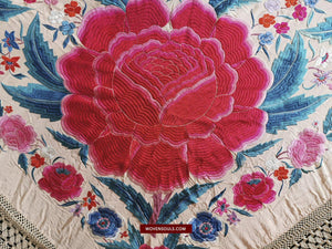 1146 Antique Floral Manila Manton Cantonese Shawl with Double Sided Embroidery-WOVENSOULS-Antique-Vintage-Textiles-Art-Decor